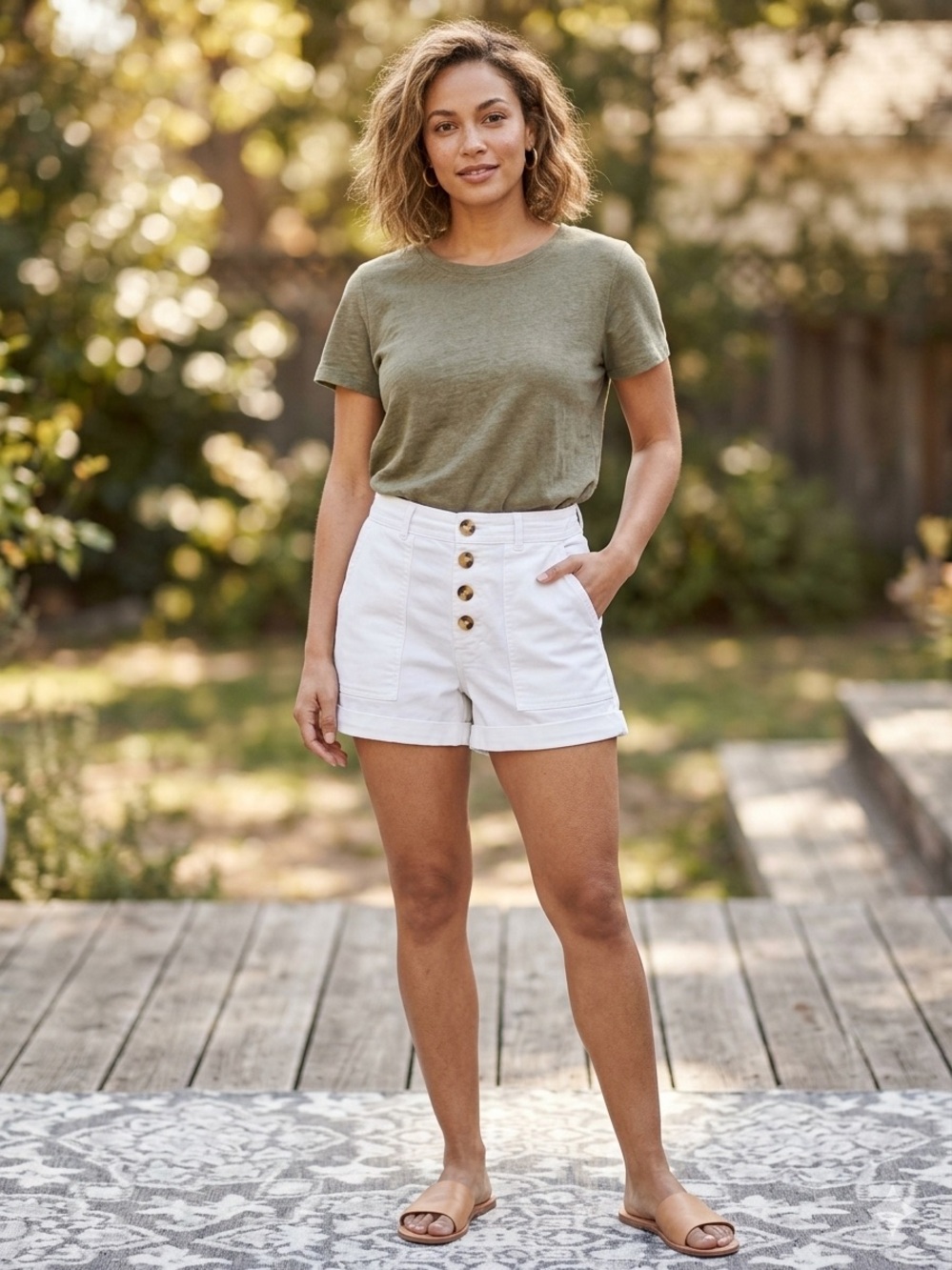 miami White High-Waist Button Shorts